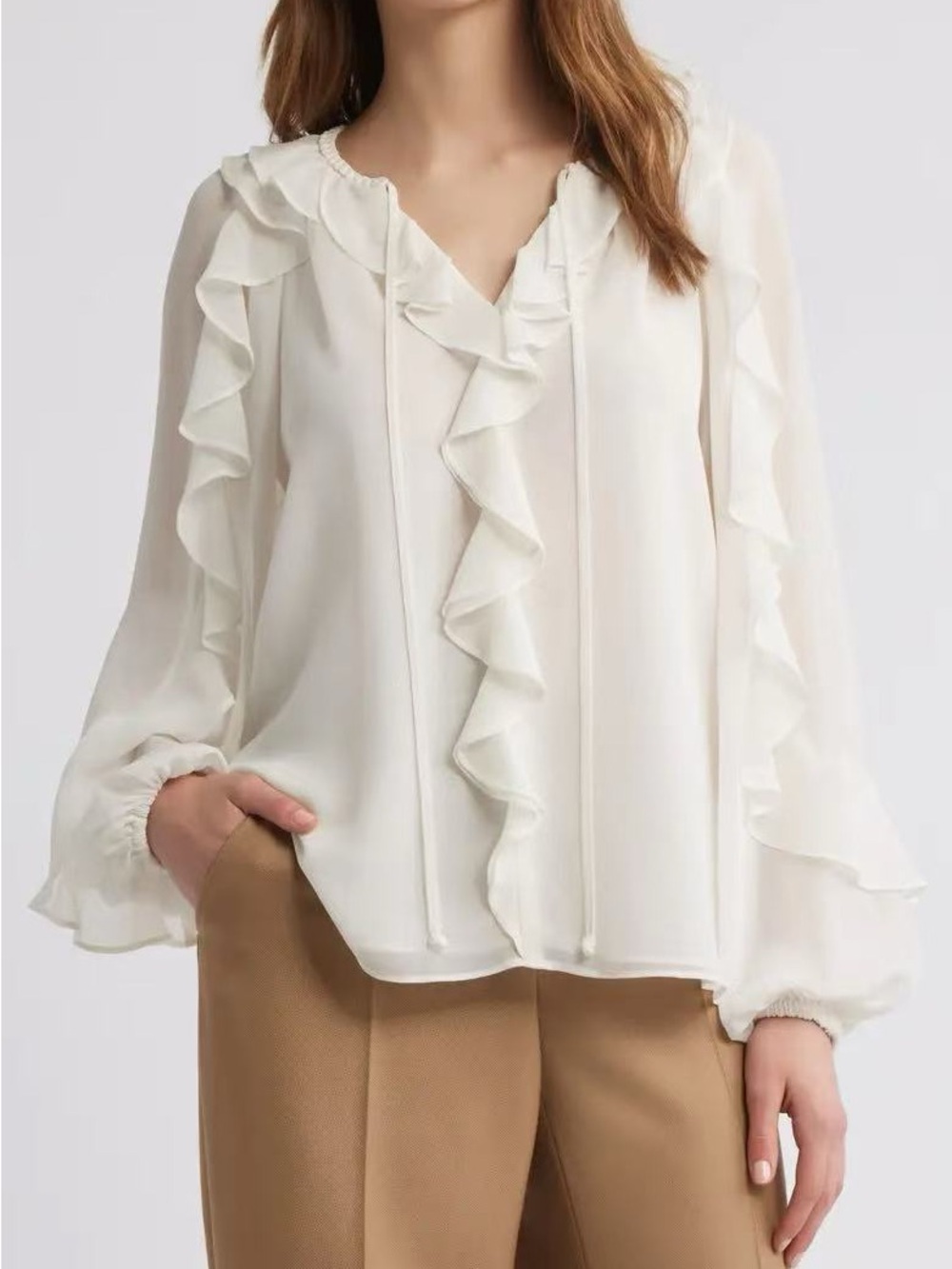 Kobi Halperin Cream Ruffle Tie-Neck Blouse